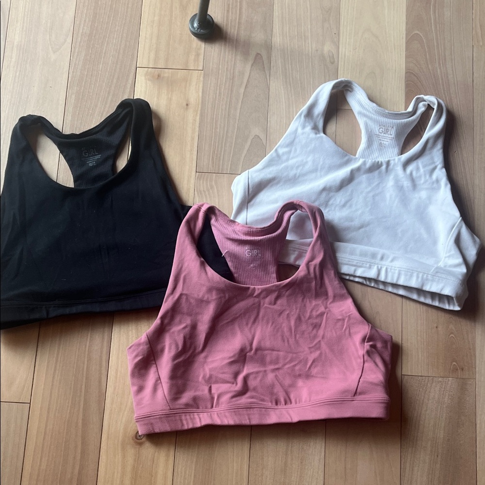 Athleta Girl Set of Three Racerback Sports Bras - Black, Pink, and White (XL/14)